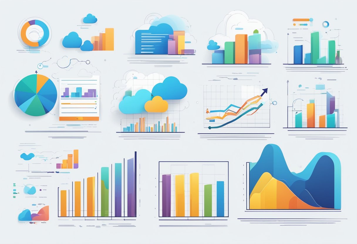 Experts share predictions on cloud computing's future. Various charts and graphs display growth and innovation. Conversation buzzes with excitement and curiosity