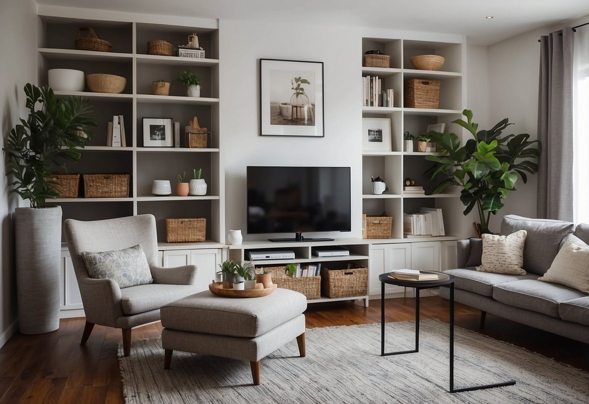 A tidy living room with neatly arranged shelves, a cozy reading nook, and strategically placed decorative accents