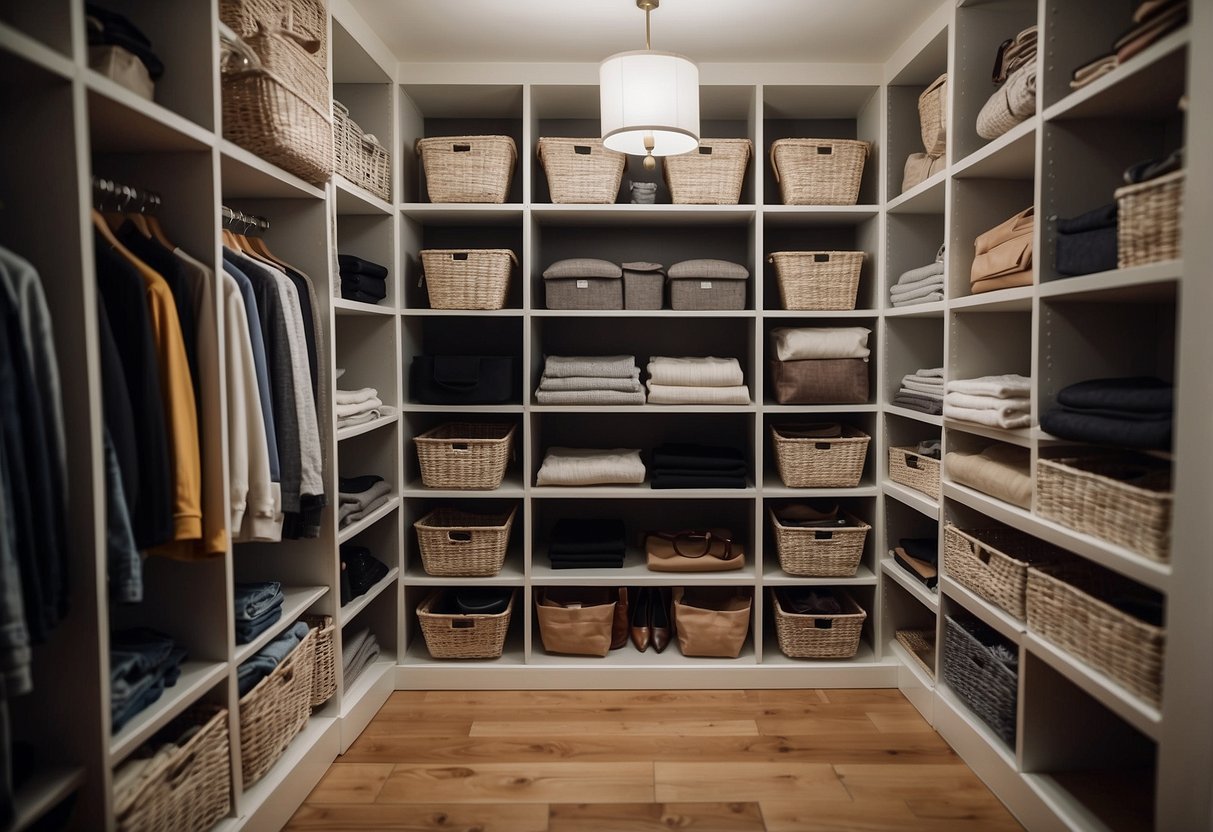 A closet with wire baskets neatly organizing home decor items