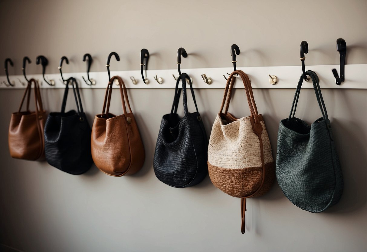 Several wall-mounted hooks in a modern entryway, holding keys, hats, and bags. A stylish and practical home decor organizing solution