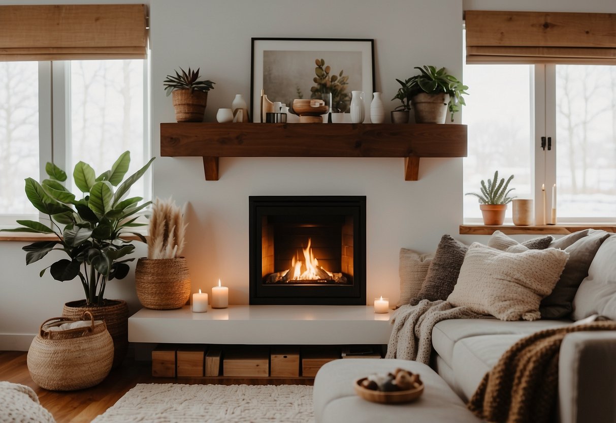 A cozy living room with soft, neutral-colored throw pillows and blankets, a warm glowing fireplace, and a few potted plants scattered around the room