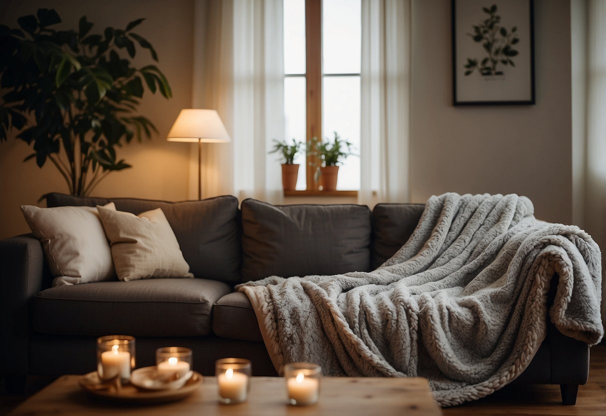 A cozy living room with a plush weighted blanket draped over a comfortable sofa, surrounded by soft, warm lighting and calming decor