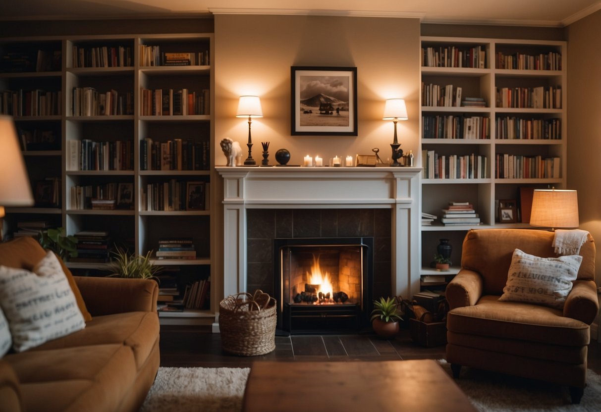 A cozy living room with warm lighting, plush pillows, and a crackling fireplace. A bookshelf filled with well-loved novels and family photos