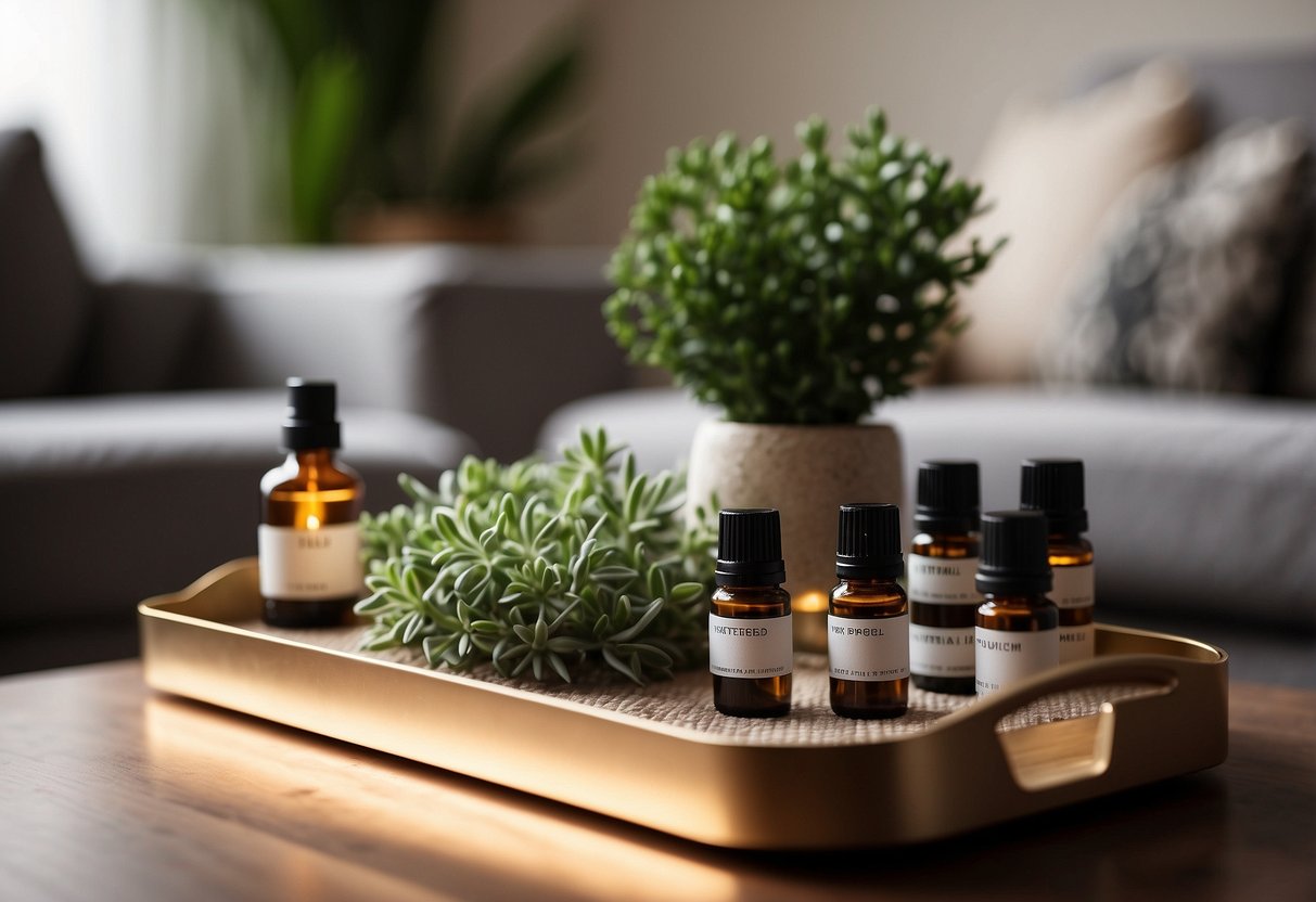 A cozy living room with soft lighting, plants, and essential oil roller blends displayed on a stylish tray