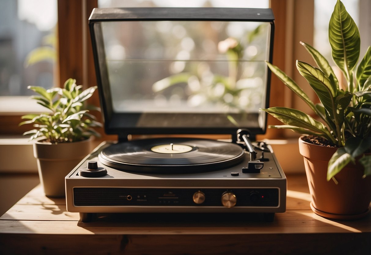 A vintage record player sits on a wooden shelf, surrounded by potted plants and cozy decor. Soft sunlight streams in through the window, casting a warm glow on the scene