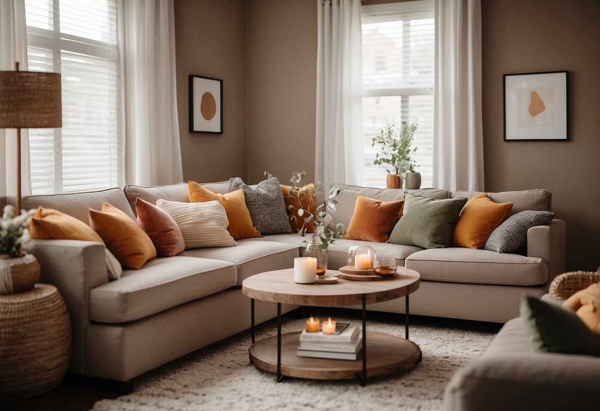 A cozy living room with warm earthy tones, soft lighting, and pops of color in the form of throw pillows and artwork