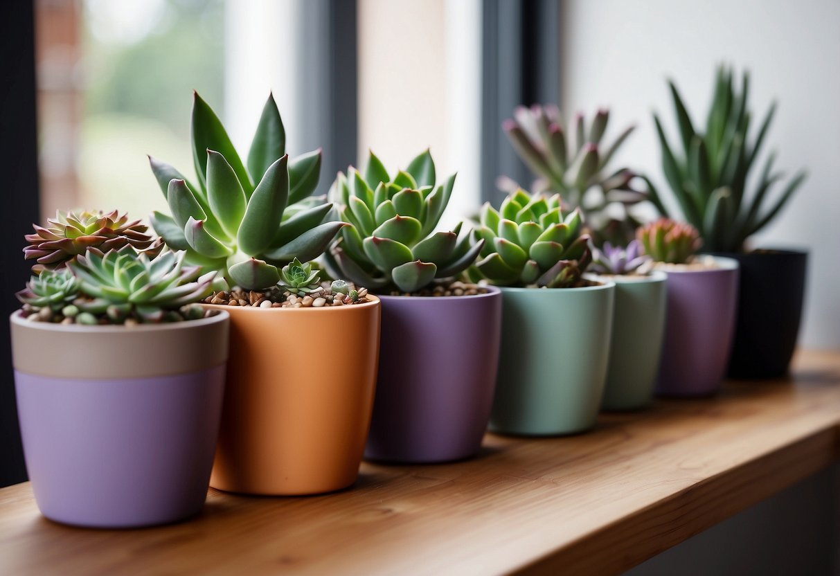 A variety of colorful succulents arranged in stylish pots, placed on a wooden shelf against a white wall. Sunlight streaming in through a nearby window highlights the vibrant green and purple hues of the plants