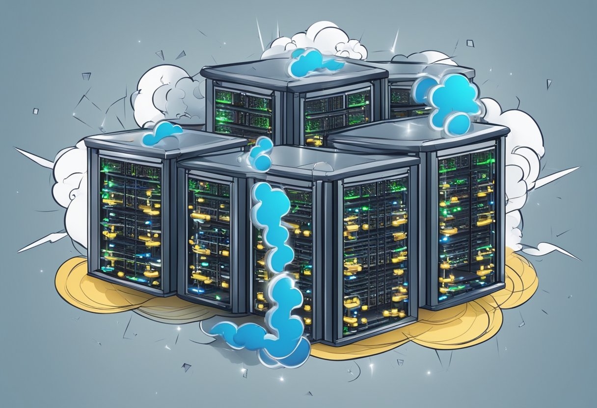 A network of cloud servers with lightning bolts and gears, symbolizing performance and efficiency