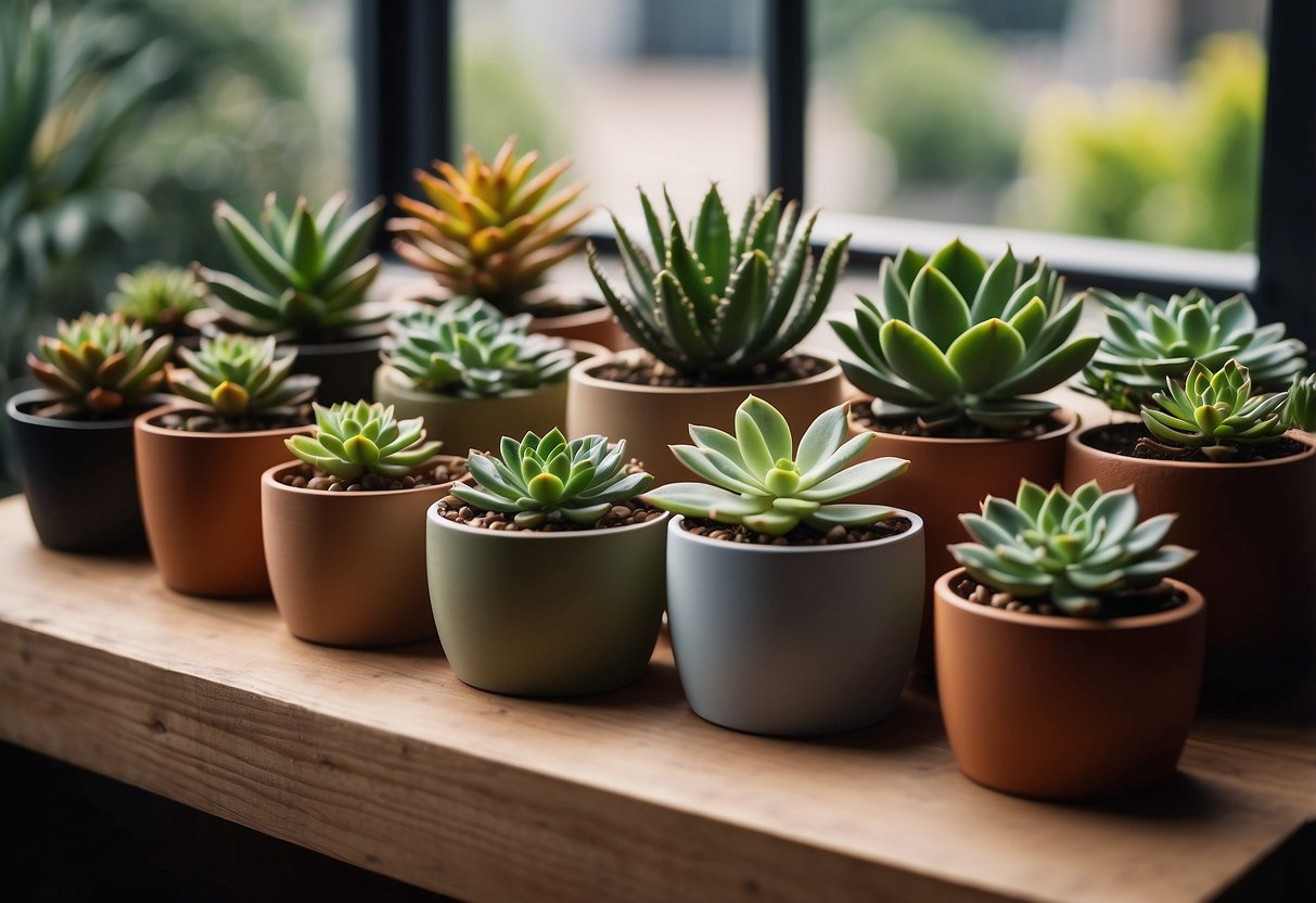 A variety of succulents arranged in different shaped pots on a wooden shelf, with natural light streaming in from a nearby window