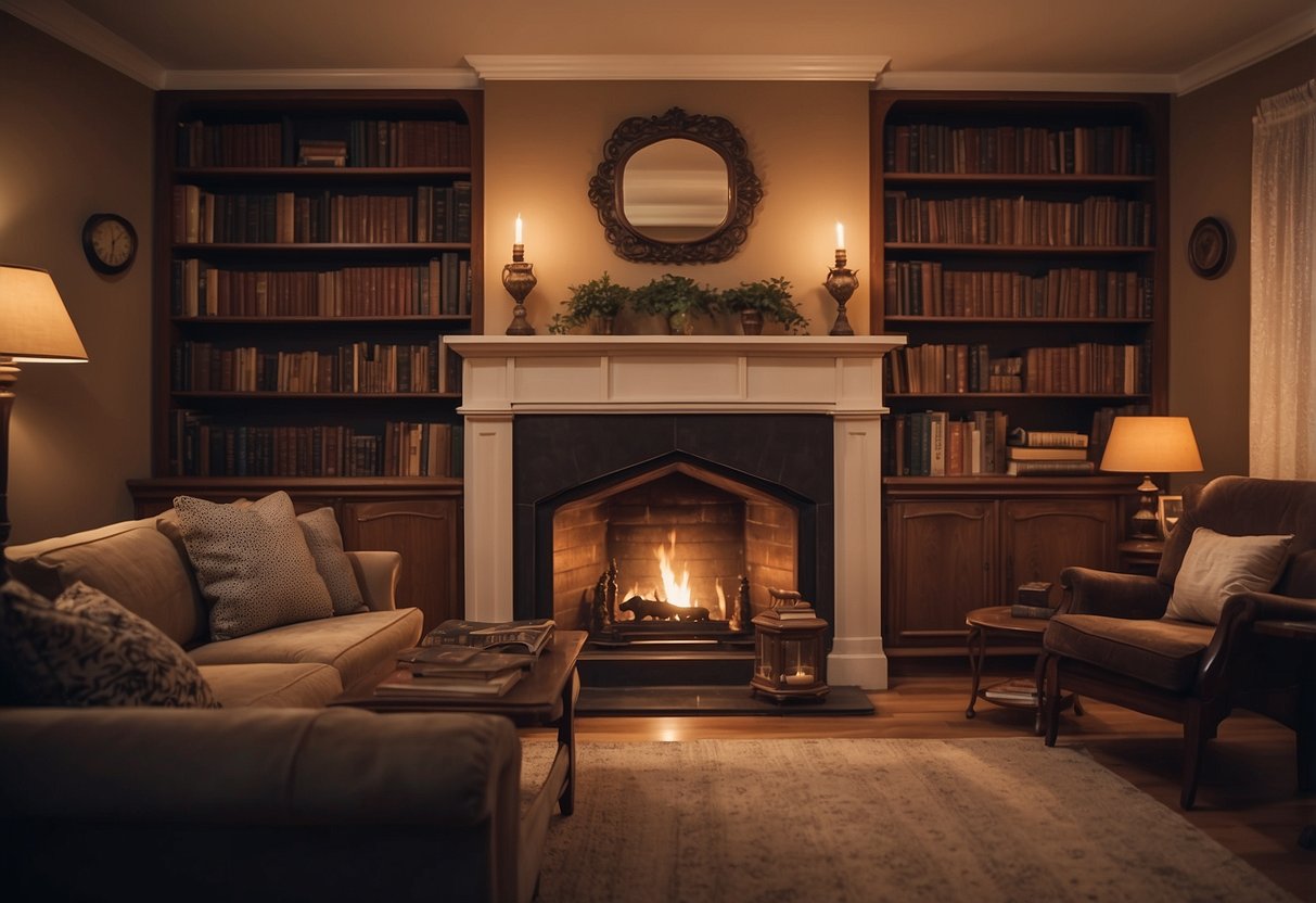 A cozy living room with vintage furniture, soft lighting, and neutral colors. A bookshelf filled with classic novels and a fireplace adorned with antique candlesticks