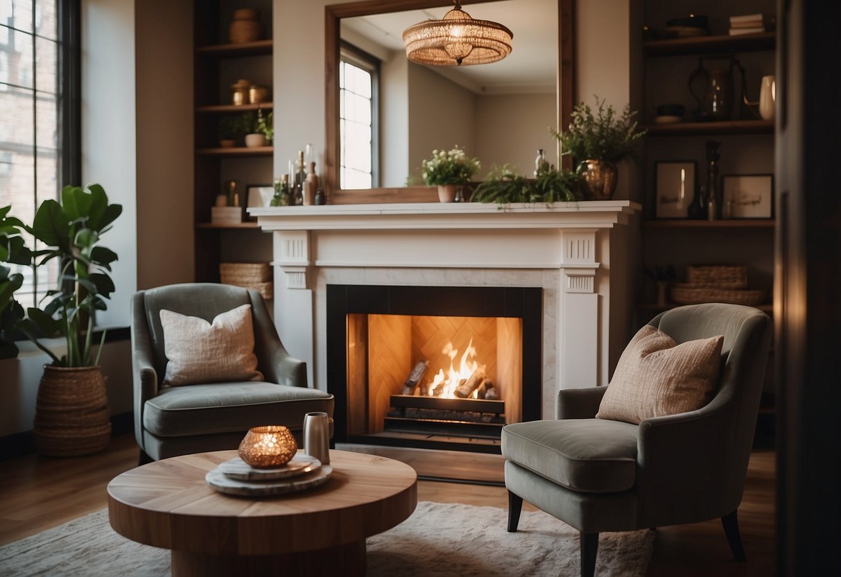 A cozy living room with vintage accent mirrors hanging on the wall, reflecting the warm glow of a fireplace and adding a touch of timeless elegance to the decor