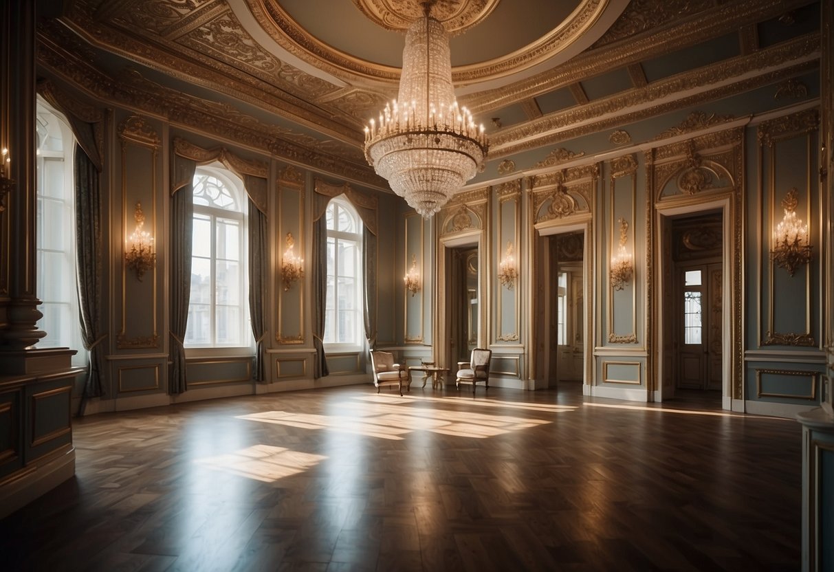 A grand room with intricate crown molding, adorned with ornate details and timeless elegance