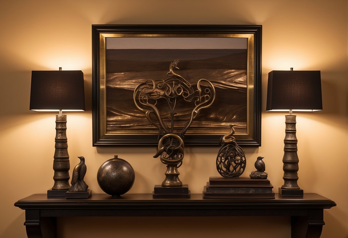 A cozy living room with bronze sculptures as focal points, positioned on a wooden shelf against a warm, neutral-colored wall. Subtle lighting enhances the timeless elegance of the decor