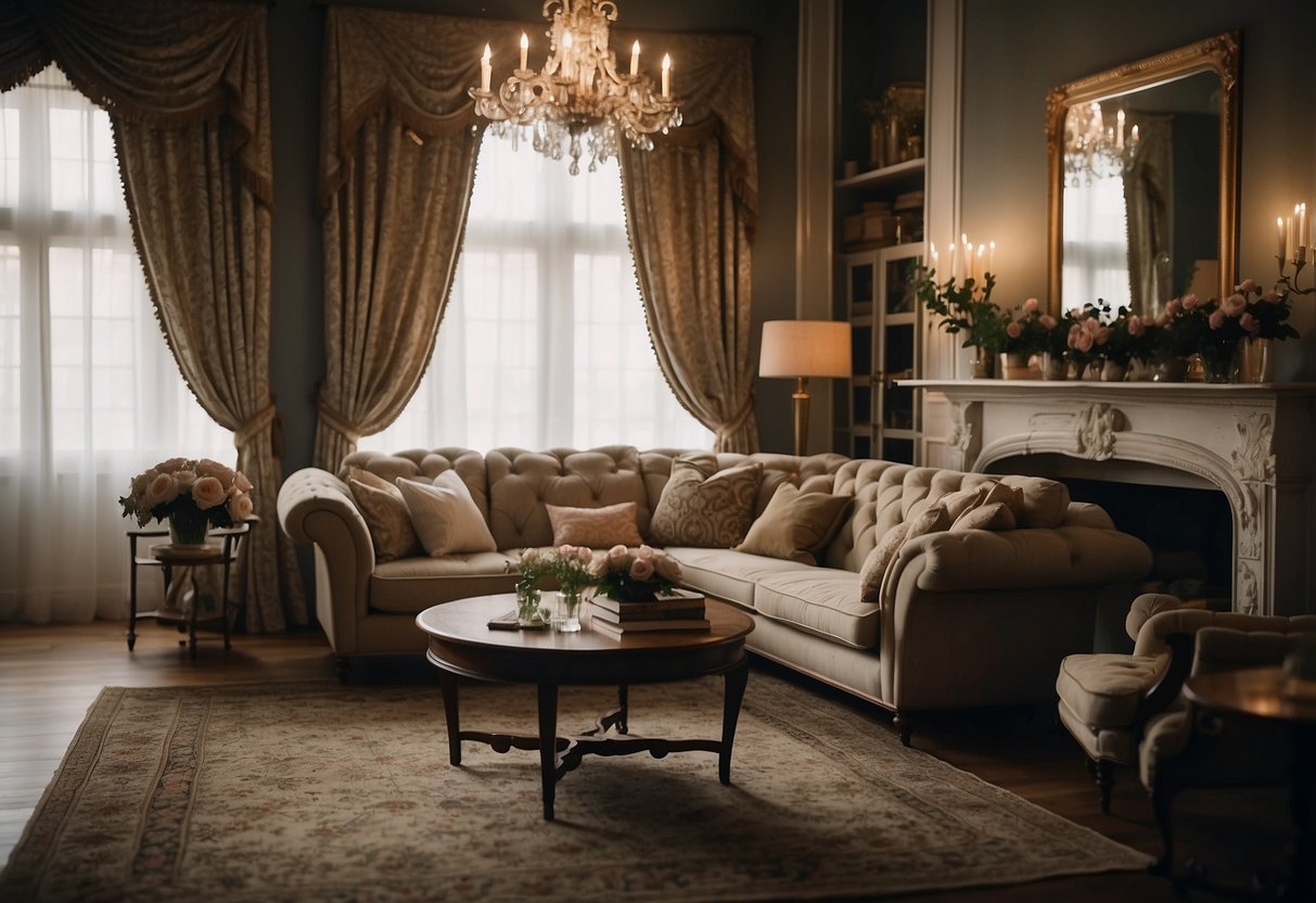 A cozy living room with vintage furniture, floral patterns, and elegant drapes. A fireplace and antique chandelier add a touch of classic charm