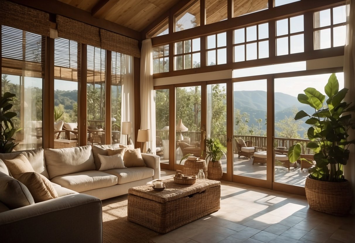 A sunlit vacation home interior with large windows, airy curtains, and natural materials like wood and rattan furniture