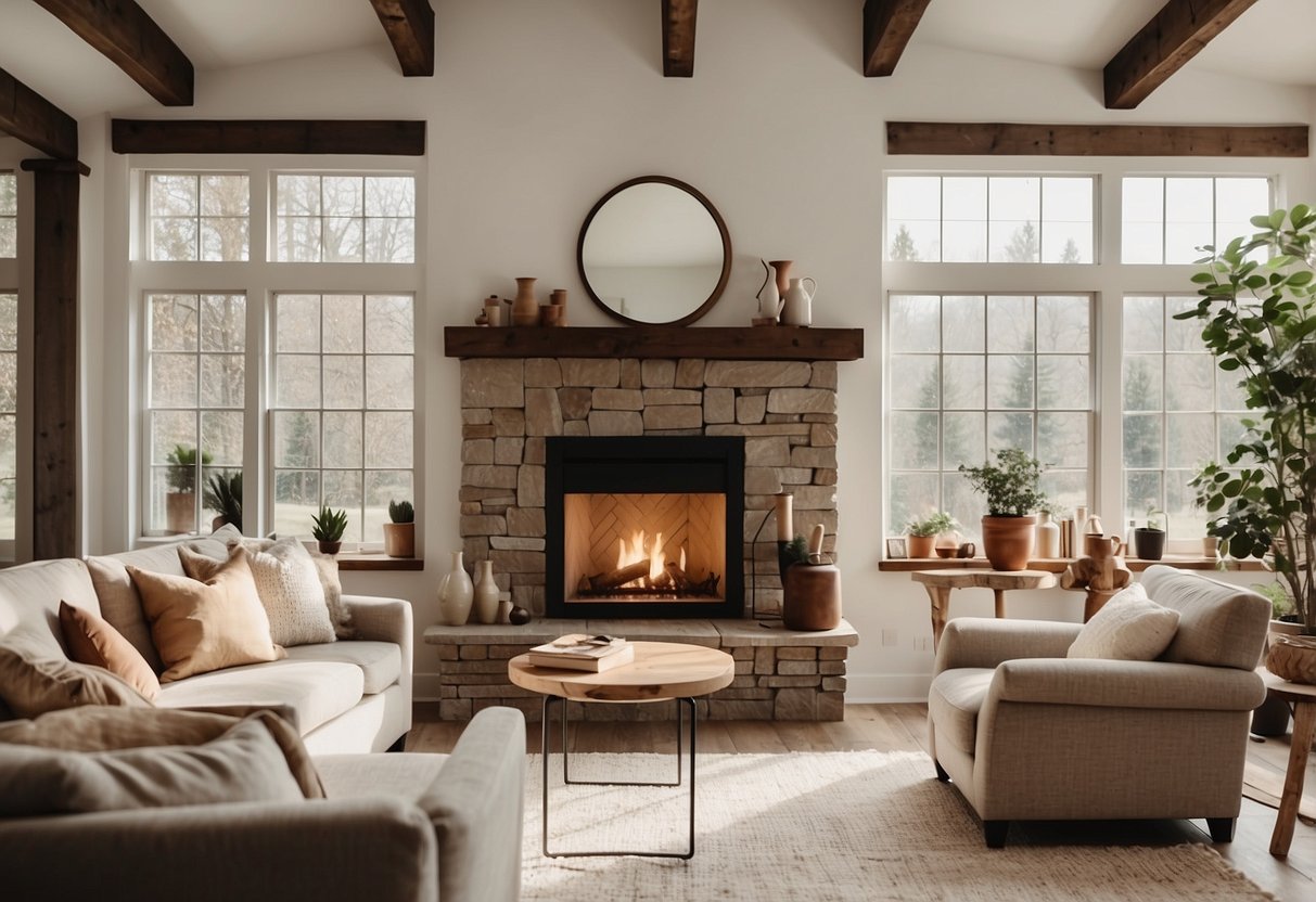 A cozy living room with neutral-toned furniture, soft cream walls, and earthy accents. Large windows let in natural light, and a fireplace adds warmth