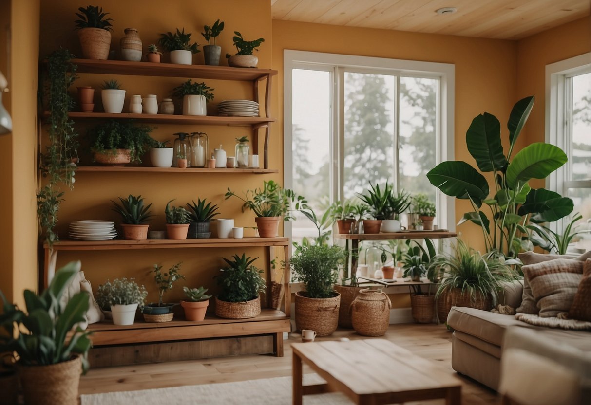 A cozy vacation home interior with open shelving displaying decorative items and plants, creating a warm and inviting atmosphere