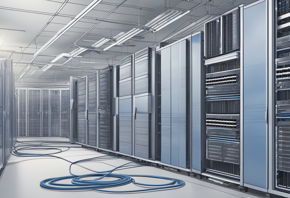 Cloud servers hum with activity, cables neatly organized, and cooling systems quietly whirring. Data flows seamlessly, optimized for maximum performance and efficiency