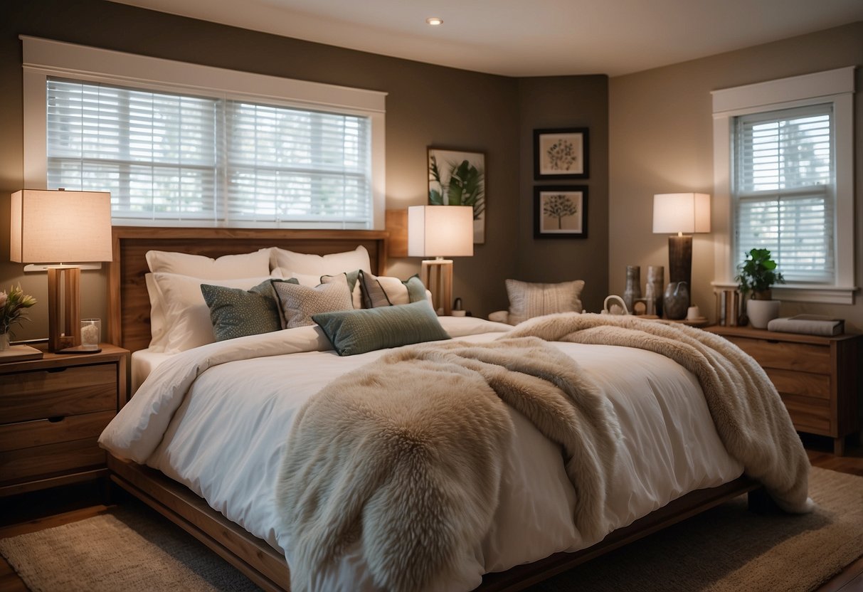 A cozy vacation home bedroom with luxurious, high-quality bedding, including soft, fluffy pillows and a plush comforter. The color scheme is warm and inviting, with complementary accents and decor