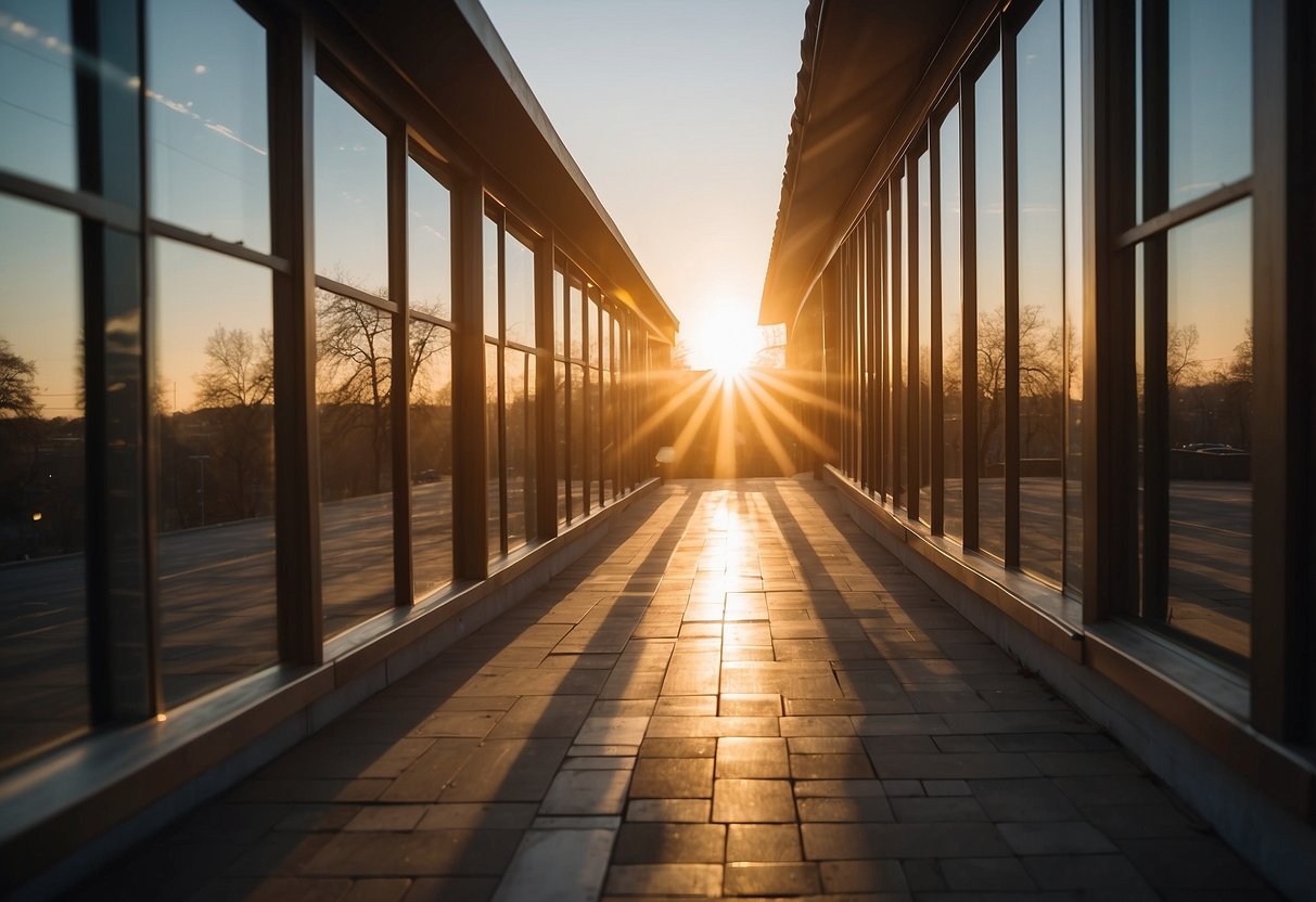 The sun shines through the windows, reflecting off the mirrors to brighten the room