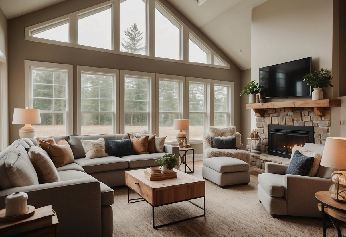 A cozy vacation home interior with balanced furniture layout, harmonious color scheme, and natural lighting. Symmetrical arrangement and clean lines create a sense of order and tranquility