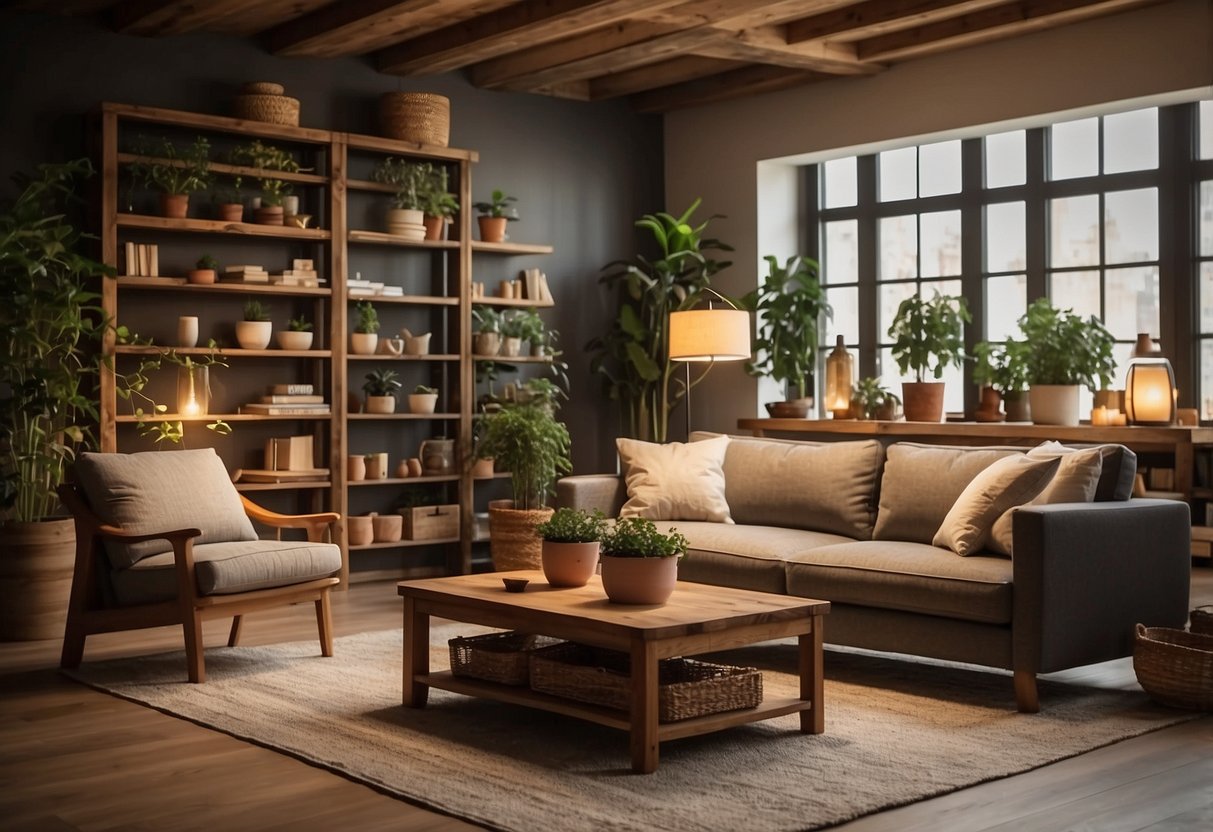 A cozy living room with wooden furniture, plants, and warm lighting. A bookshelf filled with natural decor accents and a rustic wooden sign on the wall