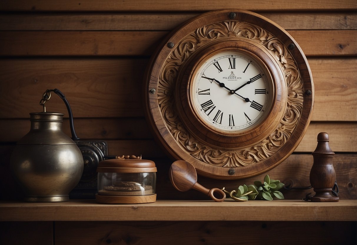 A hand-carved wooden wall clock hangs on a rustic wooden wall, surrounded by vintage home decor items