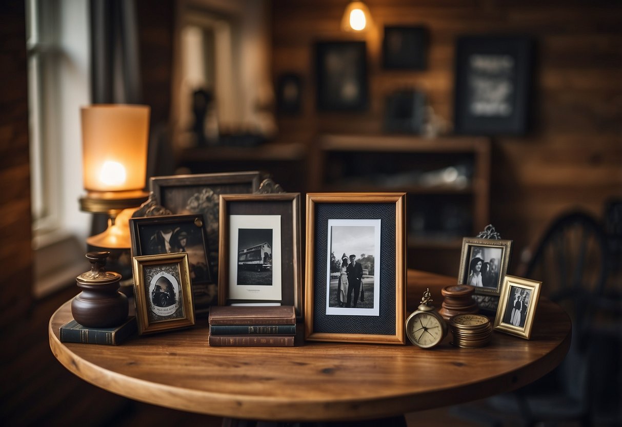 A rustic wooden table holds an assortment of vintage picture frames, casting warm shadows in a cozy home setting