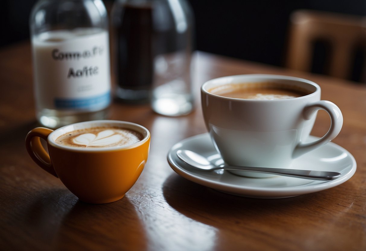 A cup of coffee sits on a table next to a bottle of antacid, hinting at the discomfort of acid reflux