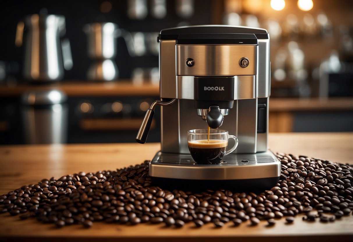 A coffee cup surrounded by scattered coffee beans and a steaming espresso machine