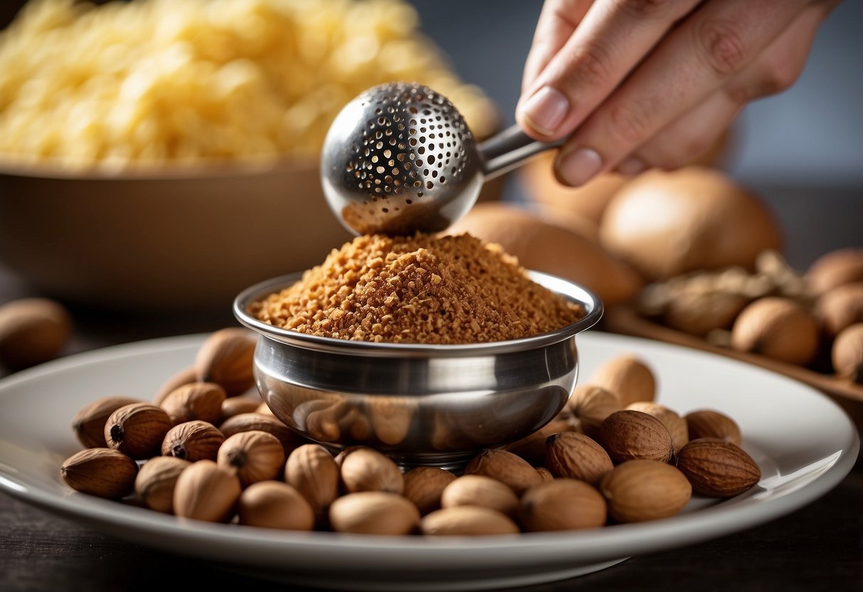 A hand holding a nutmeg grater over a bowl of grated nutmeg, with a cloud of fragrant nutmeg aroma rising from the bowl