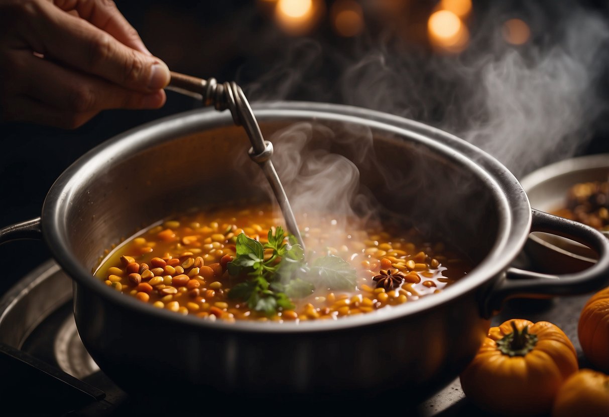 A hand grates fresh nutmeg over a steaming pot of soup, adding a warm, spicy aroma to the kitchen