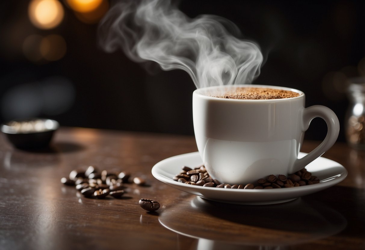 A steaming cup of Caro Kaffee sits on a table, emitting a rich aroma. A small pile of acrylamid crystals sits next to it, ready to be added