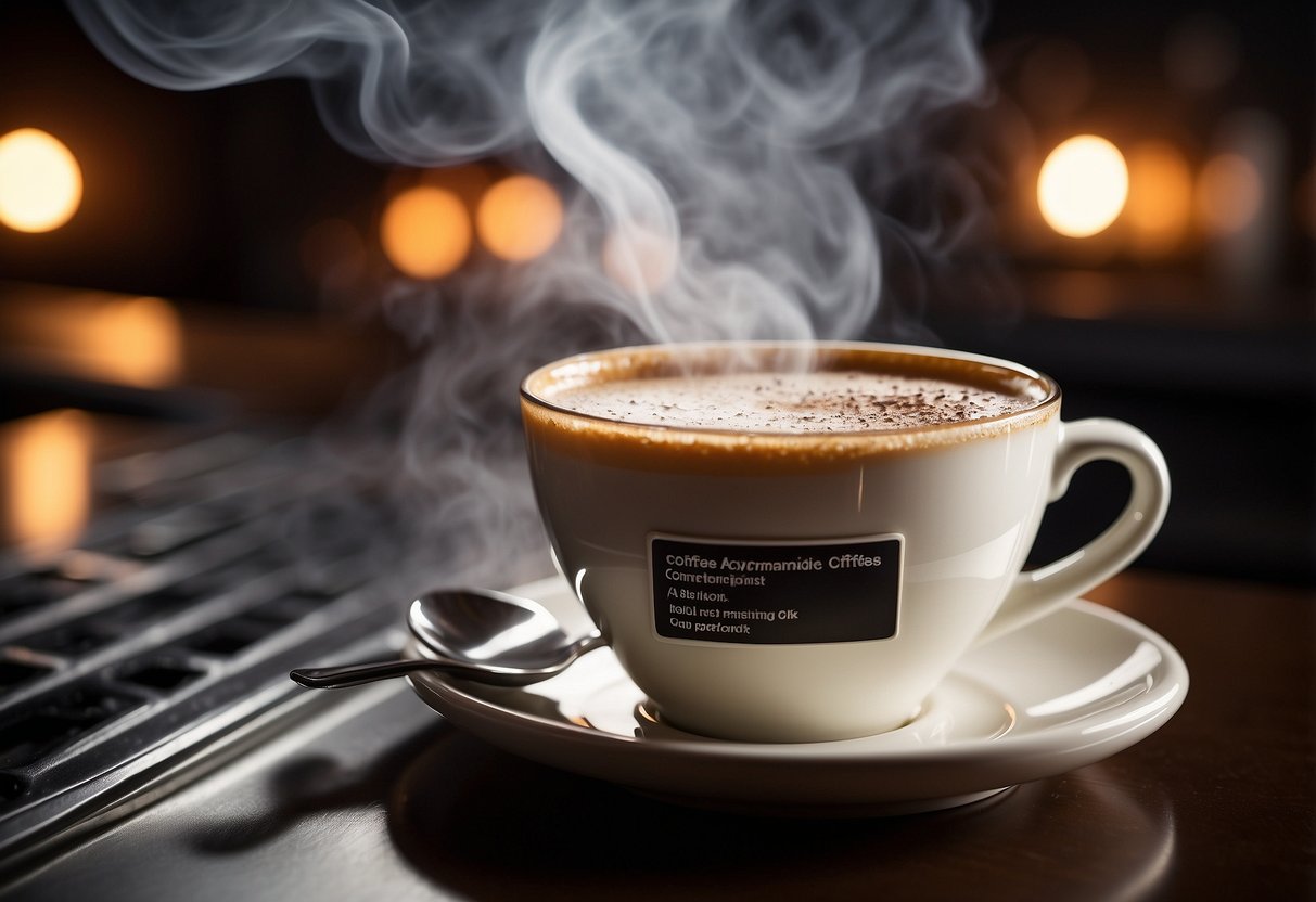 A steaming cup of coffee with a warning label and a scientific report on acrylamide, emphasizing health risks