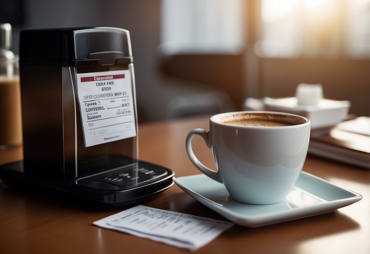 A cup of soluble coffee sits next to a cholesterol test kit. The kit shows a high cholesterol level, while the coffee steams, suggesting a potential impact on cholesterol levels