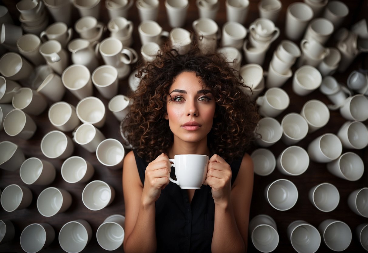 A person surrounded by empty coffee cups, holding their head in discomfort