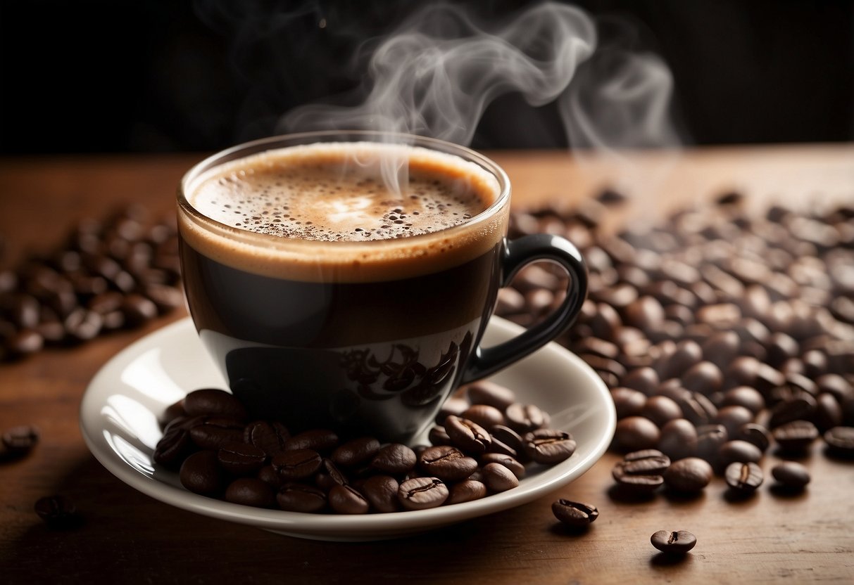 A steaming cup of coffee sits on a table, surrounded by scattered coffee beans and a caffeine molecule diagram