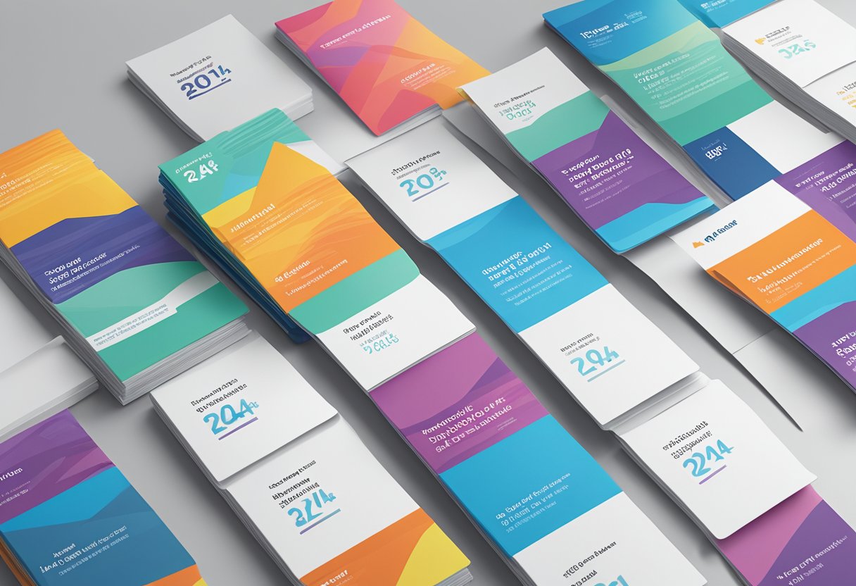 A stack of short term health insurance brochures with "2024" prominently displayed on the cover. Bright, bold colors and clear, concise text make the brochures stand out on a clean, modern desk