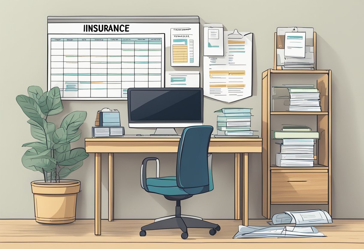 A desk with a computer displaying options for short term health insurance plans, a calendar showing the year 2024, and a stack of paperwork labeled "insurance quotes."