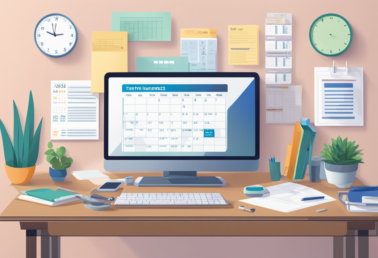 A desk with a computer, phone, and stack of papers. A calendar on the wall shows the year 2024. A sign reads "FAQs Short Term Health Insurance"