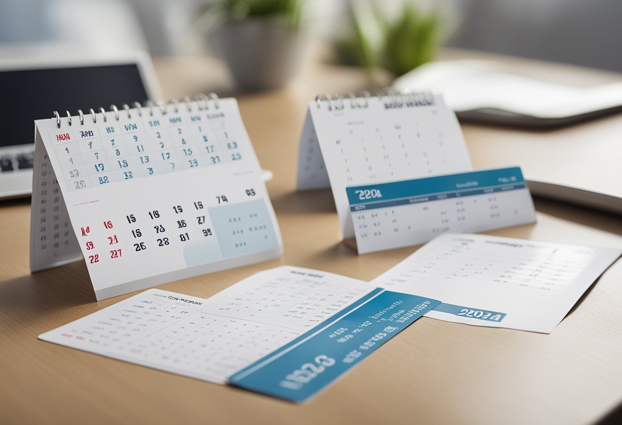 A group of insurance plan cards (HMO, PPO, POS, HDHP) arranged on a table with a 2024 calendar in the background