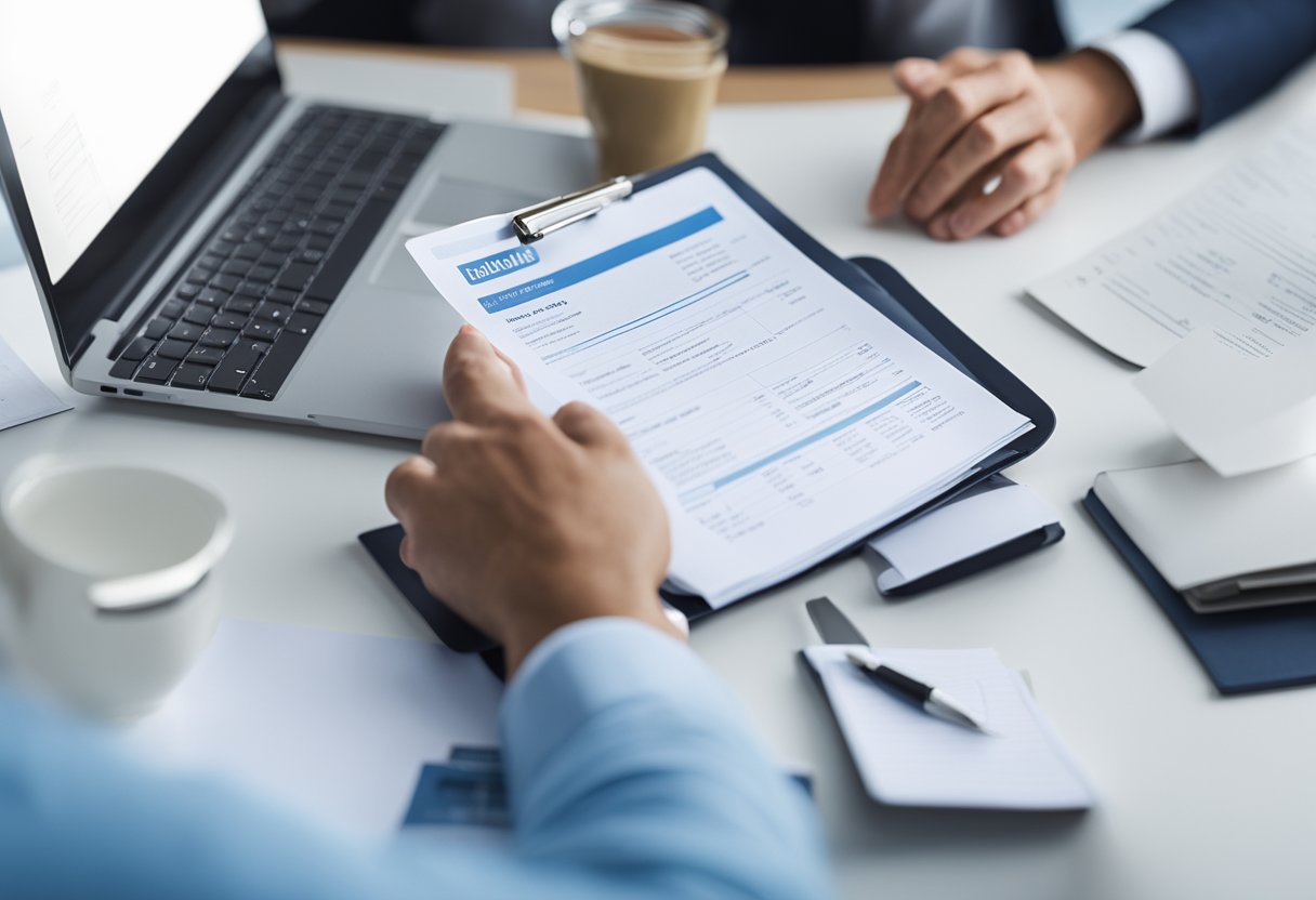 A desk with a laptop, paperwork, and a list of health insurance options for 2024. A person is comparing plans, considering coverage and cost