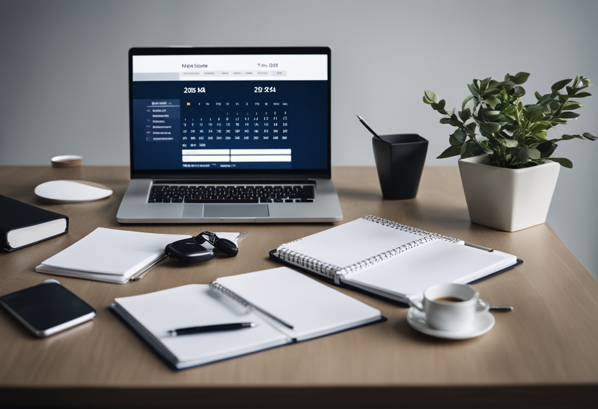 A desk with a laptop open to a comparison of health insurance plans, with a notepad and pen nearby for taking notes. A calendar on the wall shows the year 2024