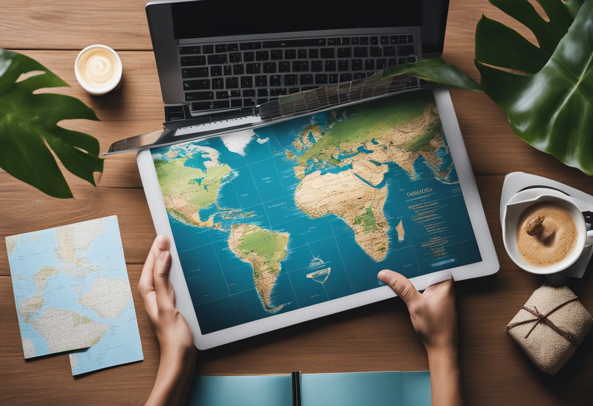 A couple's hands holding a world map, with tropical beaches and romantic cities highlighted. A travel guidebook and a laptop with honeymoon destinations open on the table