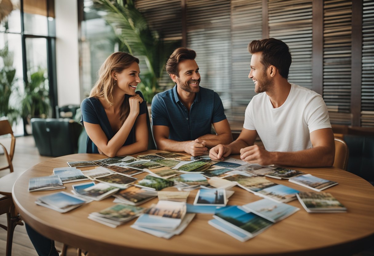 A couple sits at a table covered in travel brochures, discussing and comparing various honeymoon destinations. The room is filled with excitement and anticipation as they plan their dream getaway