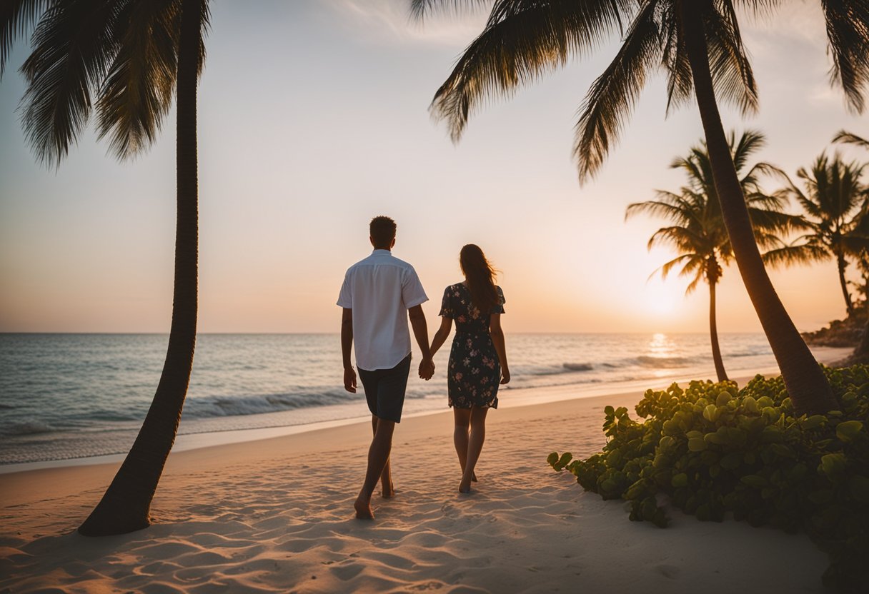 A couple walks along a pristine beach at sunset, with palm trees swaying in the gentle breeze and colorful tropical flowers blooming along the shore