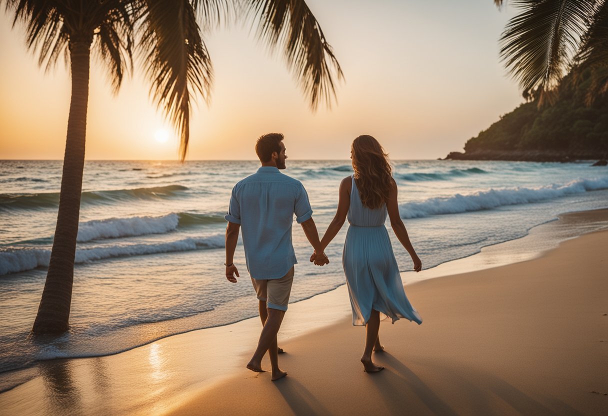 A couple walks hand in hand on a secluded beach at sunset, with a backdrop of palm trees and a serene ocean, setting the scene for an unforgettable honeymoon