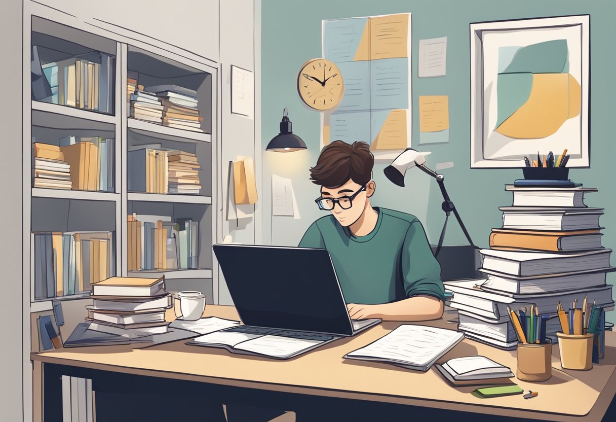 A tidy study space with a clock, calendar, and organized books and notes. A focused student at a desk with a laptop and study materials