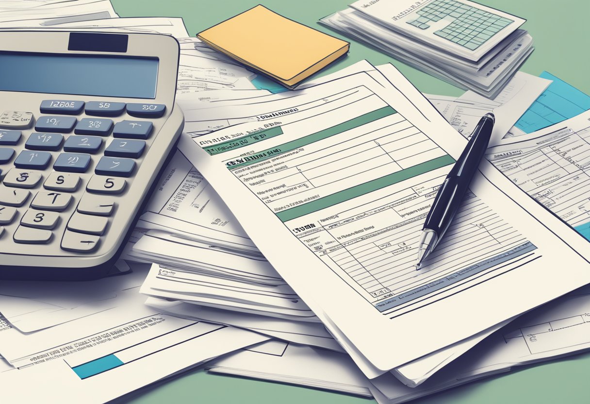 A stack of legal documents and tax forms on a desk, with a calculator and pen, emphasizing the importance of declaring income tax