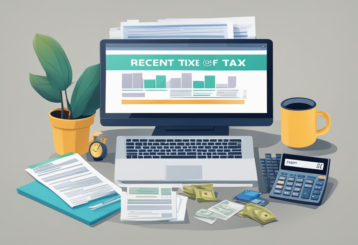 A desk with a computer displaying "Recent Updates: Importance of filing income tax" surrounded by paperwork and a calculator